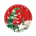 Christmas party paper plate featuring Santa Claus decorating a tree with gifts - Small Red Christmas Plates