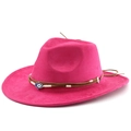 Pink suede fedora hat detail featuring woven brown bands and a Hamsa hand charm - M (56-58cm) / Rose Red