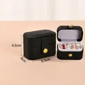 Mini dark black faux leather jewelry box with gold button and soft interior slots - Small Ring Box White Interior (Black)