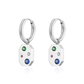 Silver stainless steel huggie earrings with octagonal charm and colorful rhinestones - Octagonal Four-Color Zircon Pendant / Silver