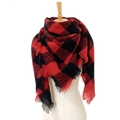 Red and black checkered tassel scarf draped on mannequin for autumn and winter style - True Red Plaid
