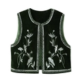 Dark green velvet waistcoat with silver floral embroidery and sequin trim on white background - XS / Black and Fluorescent Green