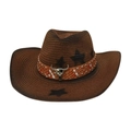 Chapeau de cowboy en paille marron avec crâne de taureau et motifs d'étoiles noires - Café Avec Corde à Vent (Taureau Losange)