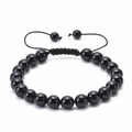 Detail of adjustable braided cord closure on a black natural stone beaded bracelet - Black Agate