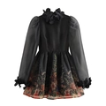 Elegant retro black organza dress with 3D floral accents and vintage floral pattern skirt - XS / Black