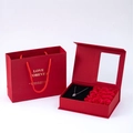 Red Valentine gift box with 12 soap roses and silver necklace in matching paper bag - Red Box + Red Flower + Handbag