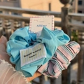Blue and pink striped scrunchie set with happiness fabric label on card holder - Solid Blue and Pink-Blue Stripe Scrunchie Set