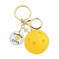 Golden stainless steel pickleball keychain with yellow ball pendant and Dinking DIVA tag - Dinking DIVA (Round Tag)