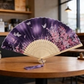 Classic purple folding fan with cherry blossom pattern and matching purple silk tassel - Style 57 (New Style)