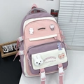 Roze en paarse patchwork schoolrugzak met schattige konijnenhanger en grote inhoud - Geen Hanger / Roze