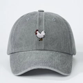Adjustable grey washed denim baseball cap with detailed colorful rooster embroidery - Gray / One Size