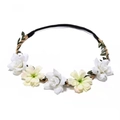 Floral bridal headband with white flowers and green leaves on a braided strap - White