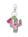 Detalle de llavero de cactus de madera con rayas, rosas rosas y adorno de borla - Cactus de Rosa Rosa con Rayas Blancas y Negras/Borla Rosa