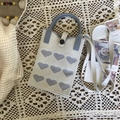 Knitted heart pattern phone bag in cream and light blue with a matching shoulder strap - Light Grey Heart Black Button
