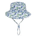 Detail of kids sun hat with blue dinosaur prints and white adjustable chin strap - Small Dinosaur