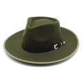 Dark green wool fedora hat with wide brim, black leather band and silver western buckle - M (56-58cm) / Army Green