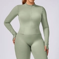 Dusty green two-piece plus size yoga set with half-zip long sleeve top and leggings - XXL / Outerwear / Bean Green