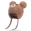 Brown knitted baby winter hat with dual pom-poms and warm earflaps for toddlers - One Size / Deep Beige