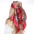 Red satin silk square scarf with floral paisley patterns worn as a headscarf - 90*90cm / Burgundy