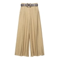 Pantaloni a gamba larga in raso dorato da donna con cintura in pelle marrone scuro - XS / Kaki