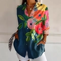 Women's casual long sleeve shirt with vibrant floral print and button-up design - S / Blue