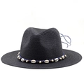 Close-up of black straw Panama hat with shell-adorned blue woven band detail - Black