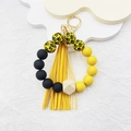 Silicone bead keychain bracelet with yellow tassel and leopard print wooden beads - Yellow Leopard