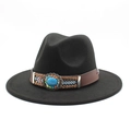 Detail of black wool fedora featuring ethnic style band with turquoise stone inlay - M (56-58cm) / Black