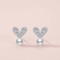 Exquisite S925 sterling silver heart-shaped stud earrings with pavé crystals and pearls - 925 Silver / 925 Sterling Silver