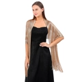 Detail view of gold metallic thread evening shawl with elegant fringe and sheer texture - Gold