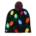 Black knitted Christmas LED hat with colorful light patterns and faux fur pom pom - Black Bulbs
