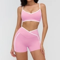 Pink and white contrast yoga set with V-neck sports bra and high-waist biker shorts - S / V-Neck Strappy Bra & Shorts Set / Sakura Pink