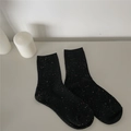 Women's black mid-calf cotton socks with colorful speckled pattern and ribbed texture - One Size / Black