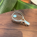 Tennis racket acetate hair claw clip with blue ball detail on wooden and leaf background - Coffee Mint Blue Tennis Racket - Hair Claw