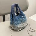 Blue gradient rhinestone bucket bag with silver chain strap for elegant shoulder wear - Gradient Blue