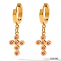Baroque style gold stainless steel hoop earrings with pink zircon cross pendants - Pink Zirconia Cross (KDE642)