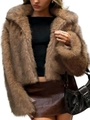 Close-up of fluffy brown faux fur jacket texture with long sleeves and wide lapels - Khaki