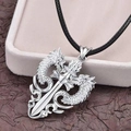 Hip hop silver double dragon pendant with sword design on black braided leather cord necklace - Double Dragon + Sword Pendant (50cm Black Rope)