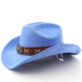 Détail du chapeau de cowboy bleu avec bandeau en cuir et boucle de tête de taureau vintage - M (56-58cm) / Bleu ciel profond