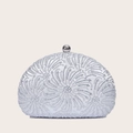 Silver shell-shaped evening clutch bag with spiral crystal rhinestones and metal ball clasp - Silver