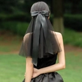 Elegant black tulle bow hair clip with satin ribbon, perfect for bridal or formal hair styling - Black Veil Satin Style / Black