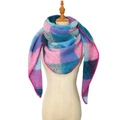 Plaid triangle scarf in blue and pink textured loop yarn on a wooden mannequin - 22# Blue Pink
