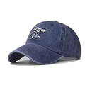 Washed vintage blue baseball cap featuring detailed French Bulldog embroidery on a classic frame - Adjustable / Navy Blue