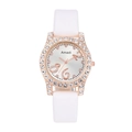 Detail view of Amadi fashion watch with rhinestone bezel and white leather strap - White