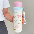 Cute cartoon stainless steel insulated bottle with pink lid and blue lucky time handle - 500ml / Pink
