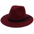Detail of burgundy wool fedora hat featuring a thin black leather band with gold buckle - Burgundy