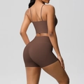 Rear side view of dark brown yoga set featuring thin strap tank top and high waist shorts - Chestnut Brown