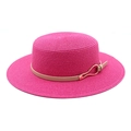 Macro detail of rose red woven straw hat with beige leather strap and gold metal buckle - M (56-58cm) / Rose Red