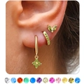 Detail of gold cartilage hoop earrings set with colorful birthstones shown on ear - August Peridot