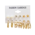 6-pair set of vintage gold geometric earrings with pearls and crystal studs on white card - E004/6 Pairs Set / Gold